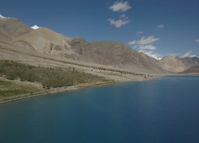 An aerial shot of the Pangong Lake in the daytime at Leh Ladakh,India