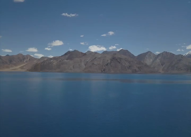 An aerial shot of the Pangong Lake in the daytime at Leh Ladakh,India