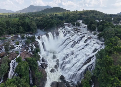 Aerial Slow Motion View of Barachukki Falls on Cauvery River Karnataka India