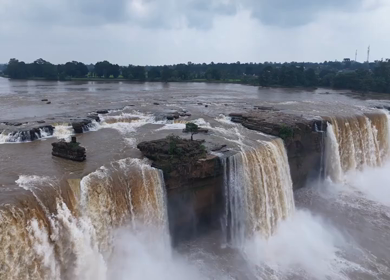 Aerial Slow Motion View of Chitrakote Waterfalls Chhattisgarh India
