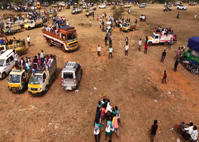 17th January 2026 : Aerial Slow Motion View of Participants Catching Bull at Siravayal Manjuvirattu Festival Tamil Nadu