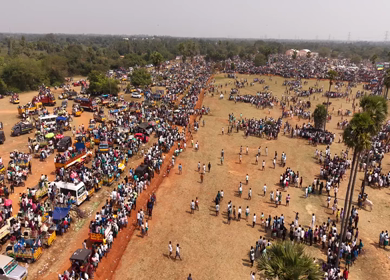 17th January 2026 : Aerial Slow Motion View of Participants Catching Bull at Siravayal Manjuvirattu Festival Tamil Nadu