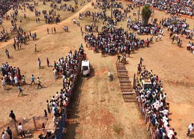 17th January 2026 : Aerial Slow Motion View of Participants Catching Bull at Siravayal Manjuvirattu Festival Tamil Nadu