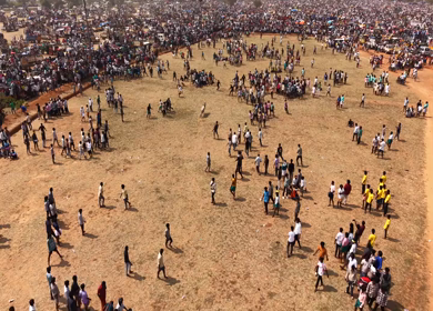 17th January 2026 : Aerial Slow Motion View of Participants Catching Bull at Siravayal Manjuvirattu Festival Tamil Nadu
