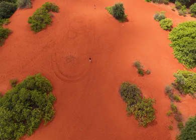 Aerial Slow Motion of Person Running Across Therikadu Red Sand Dunes