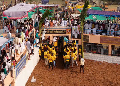 17th January 2026 : Aerial Slow motion View of Bull Release and Participants at Siravayal Manjuvirattu Festival Tamil Nadu