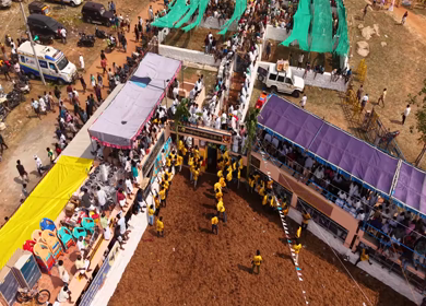 17th January 2026 : Aerial Slow motion View of Bull Release and Participants at Siravayal Manjuvirattu Festival Tamil Nadu