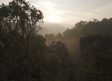 Aerial Sunrise Over Misty Forest and Mountains Sri Lanka