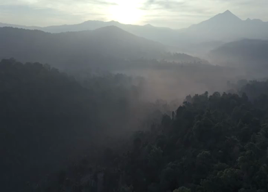 Aerial Sunrise Over Misty Forest and Mountains Sri Lanka