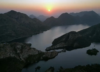 Aerial Sunset View of Badi Lake and Aravalli Hills Udaipur Rajasthan India