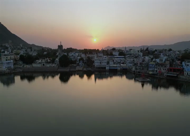 Aerial Sunset View of Pushkar Lake and Town in Rajasthan, India