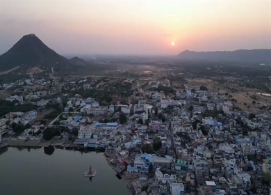 Aerial Sunset View of Pushkar Lake and Town in Rajasthan, India