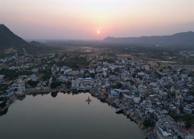 Aerial Sunset View of Pushkar Lake and Town in Rajasthan, India