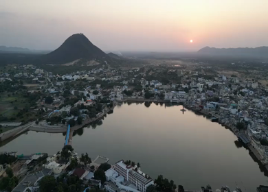 Aerial Sunset View of Pushkar Lake and Town in Rajasthan, India