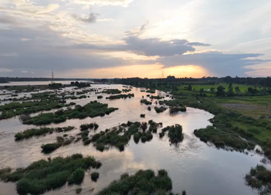 Aerial Sunset View of the Kaveri River and Barrage Landscape in Karnataka India