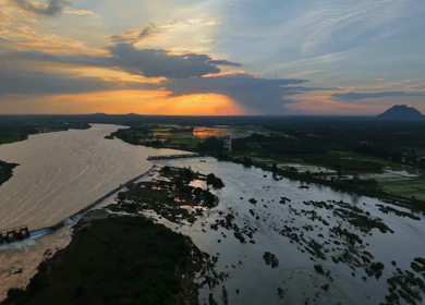 Aerial Sunset View of the Kaveri River and Barrage Landscape in Karnataka India