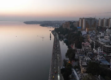 Aerial Timelapse of VIP Road and Upper Lake Bhopal Day to Night Madhya Pradesh