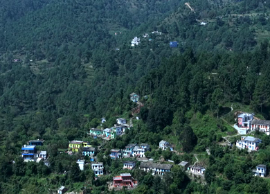 Aerial View of Almora Town and Himalayan Mountains Uttarakhand