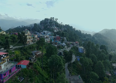 Aerial View of Almora Town and Himalayan Mountains Uttarakhand