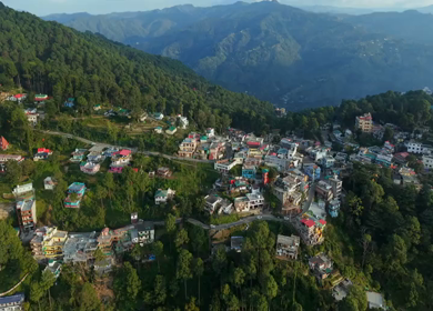 Aerial View of Almora Town and Himalayan Mountains Uttarakhand