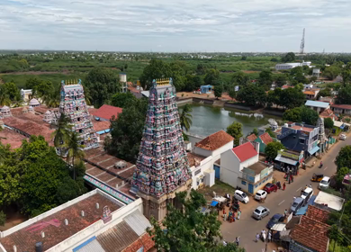Aerial View of Ariyakkudi Thiruvengadamudaiyan Temple and Village Landscape Tamil Nadu