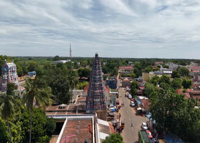 Aerial View of Ariyakkudi Thiruvengadamudaiyan Temple and Village Landscape Tamil Nadu