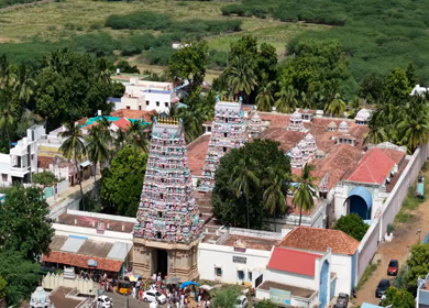 Aerial View of Ariyakkudi Thiruvengadamudaiyan Temple and Village Landscape Tamil Nadu