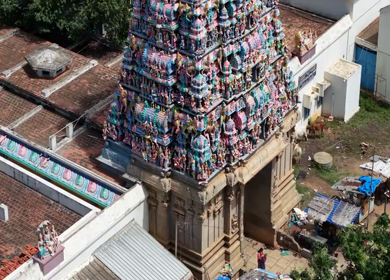 Aerial View of Ariyakkudi Thiruvengadamudaiyan Temple and Village Landscape Tamil Nadu