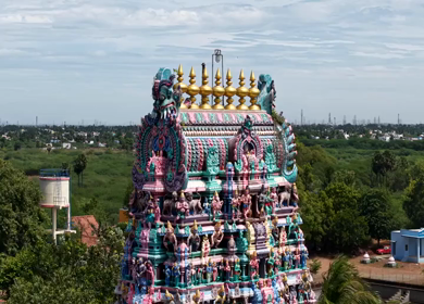 Aerial View of Ariyakkudi Thiruvengadamudaiyan Temple and Village Landscape Tamil Nadu