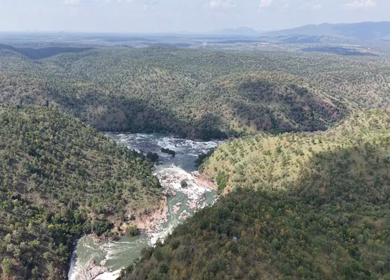 Aerial View of Barachukki Falls Cascading on Cauvery River Karnataka India
