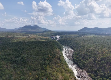 Aerial View of Barachukki Falls Cascading on Cauvery River Karnataka India