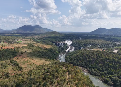 Aerial View of Barachukki Falls Cascading on Cauvery River Karnataka India
