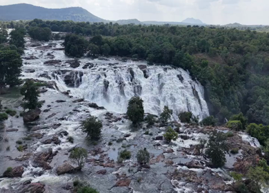 Aerial View of Barachukki Falls Cascading on Cauvery River Karnataka India