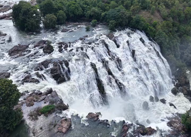 Aerial View of Barachukki Falls Cascading on Cauvery River Karnataka India