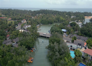 Aerial View of Bentota River and Bridge with Tropical Landscape Sri Lanka