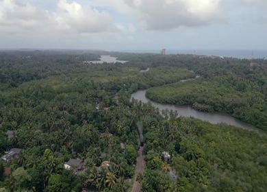 Aerial View of Bentota River and Bridge with Tropical Landscape Sri Lanka