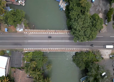 Aerial View of Bentota River and Bridge with Tropical Landscape Sri Lanka