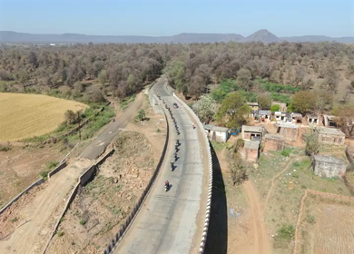Aerial View of Bikers on Highway Near Shivpuri Madhya Pradesh