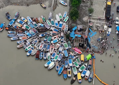 Aerial View of Boats Gathered at Triveni Sangam Prayagraj Uttar Pradesh India