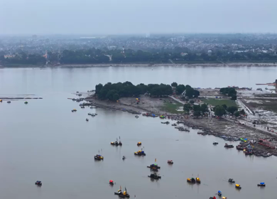 Aerial View of Boats Gathered at Triveni Sangam Prayagraj Uttar Pradesh India