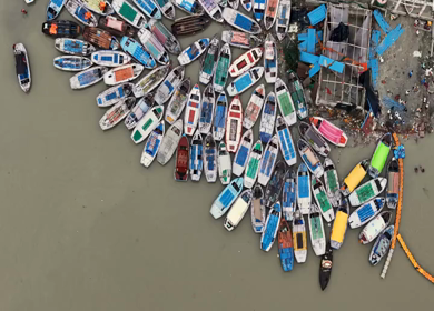 Aerial View of Boats Gathered at Triveni Sangam Prayagraj Uttar Pradesh India