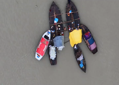 Aerial View of Boats Gathered at Triveni Sangam Prayagraj Uttar Pradesh India