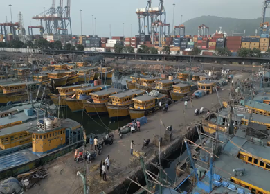 Aerial View of Fishing Boats and Port Container Terminal in Visakhapatnam India
