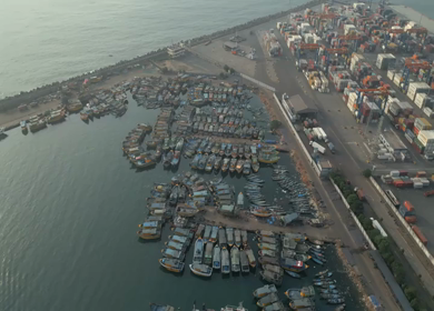 Aerial View of Fishing Boats and Port Container Terminal in Visakhapatnam India