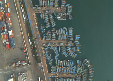 Aerial View of Fishing Boats and Port Container Terminal in Visakhapatnam India