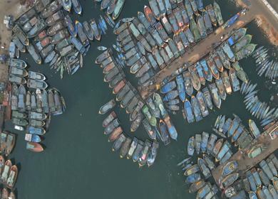 Aerial View of Fishing Boats and Port Container Terminal in Visakhapatnam India