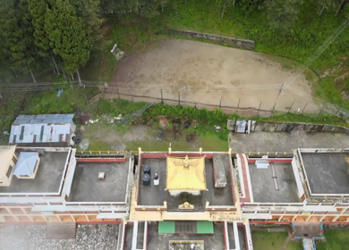 Aerial View of Bomdila Monastery in Misty Himalayan Landscape Arunachal Pradesh India