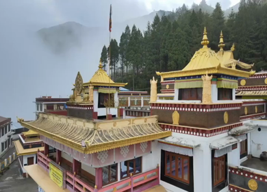 Aerial View of Bomdila Monastery in Misty Himalayan Landscape Arunachal Pradesh India