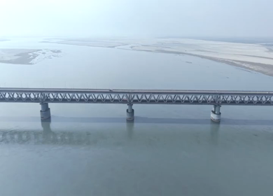 Aerial View of Brahmaputra River Bridge with Sandbars in Assam and Arunachal Pradesh India