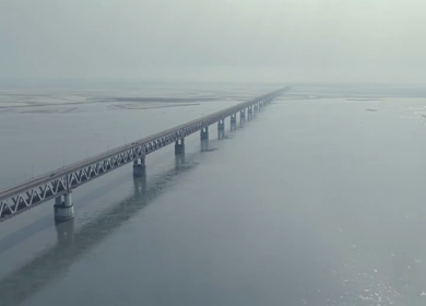 Aerial View of Brahmaputra River Bridge with Sandbars in Assam and Arunachal Pradesh India